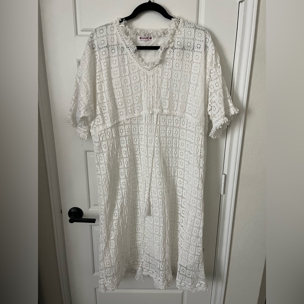 Naudic Crochet Dress - White - Large - Knee Length Boho Resort Wear